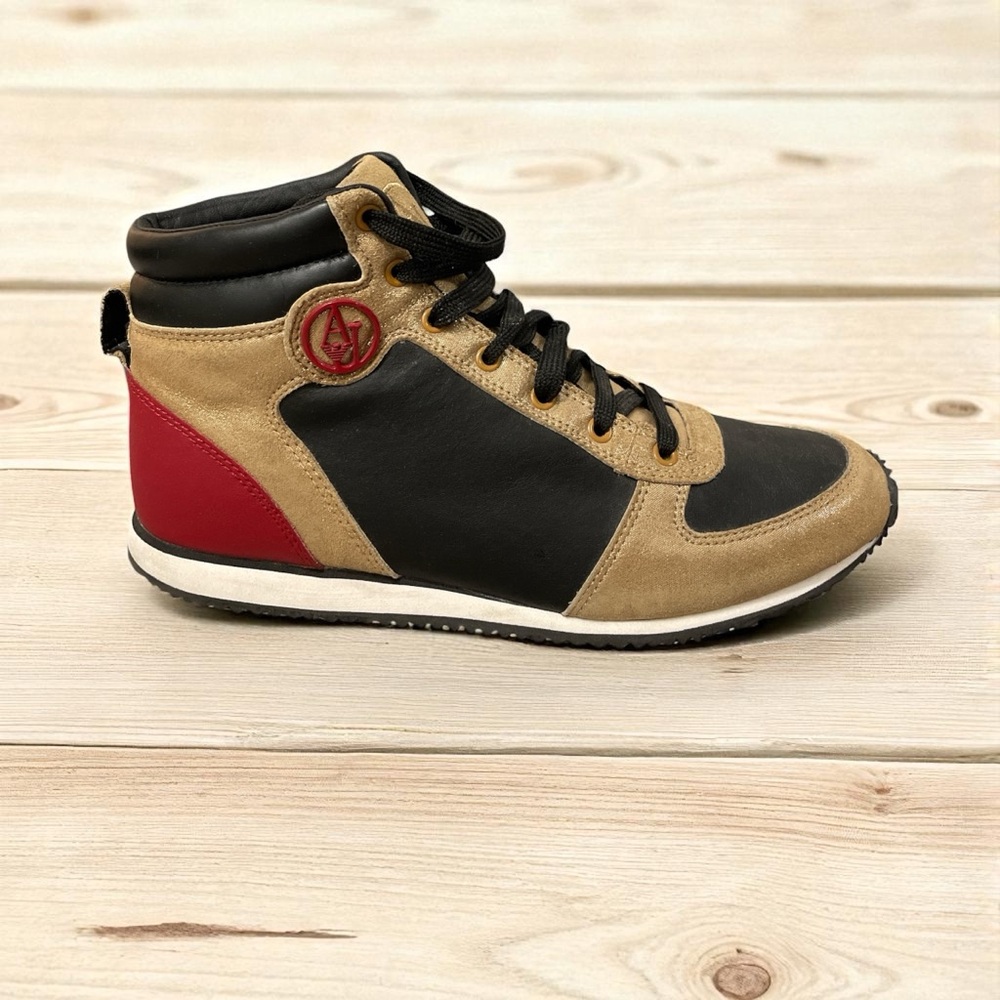 Armani Jeans Black and Gold Sneakers with Red Accent